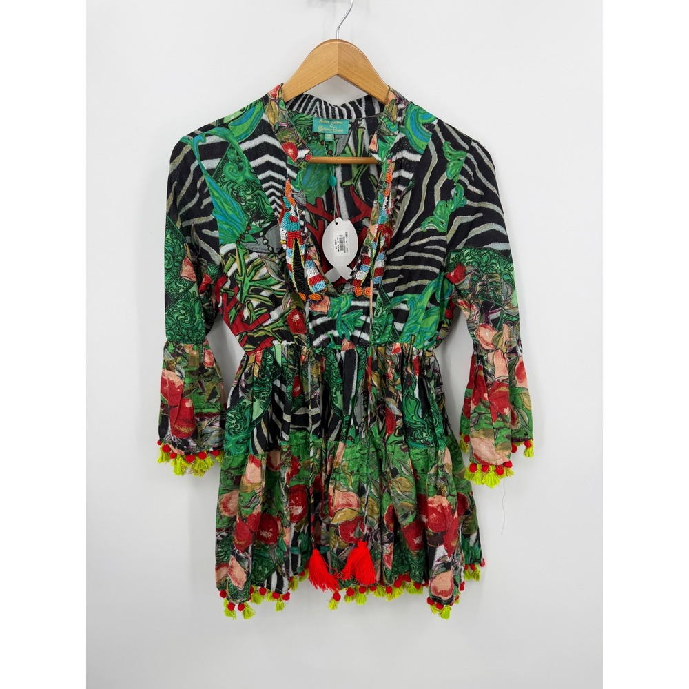 Antica Sartoria BV310 Tunic Top Women One Size Green Tropical Beaded Tassel